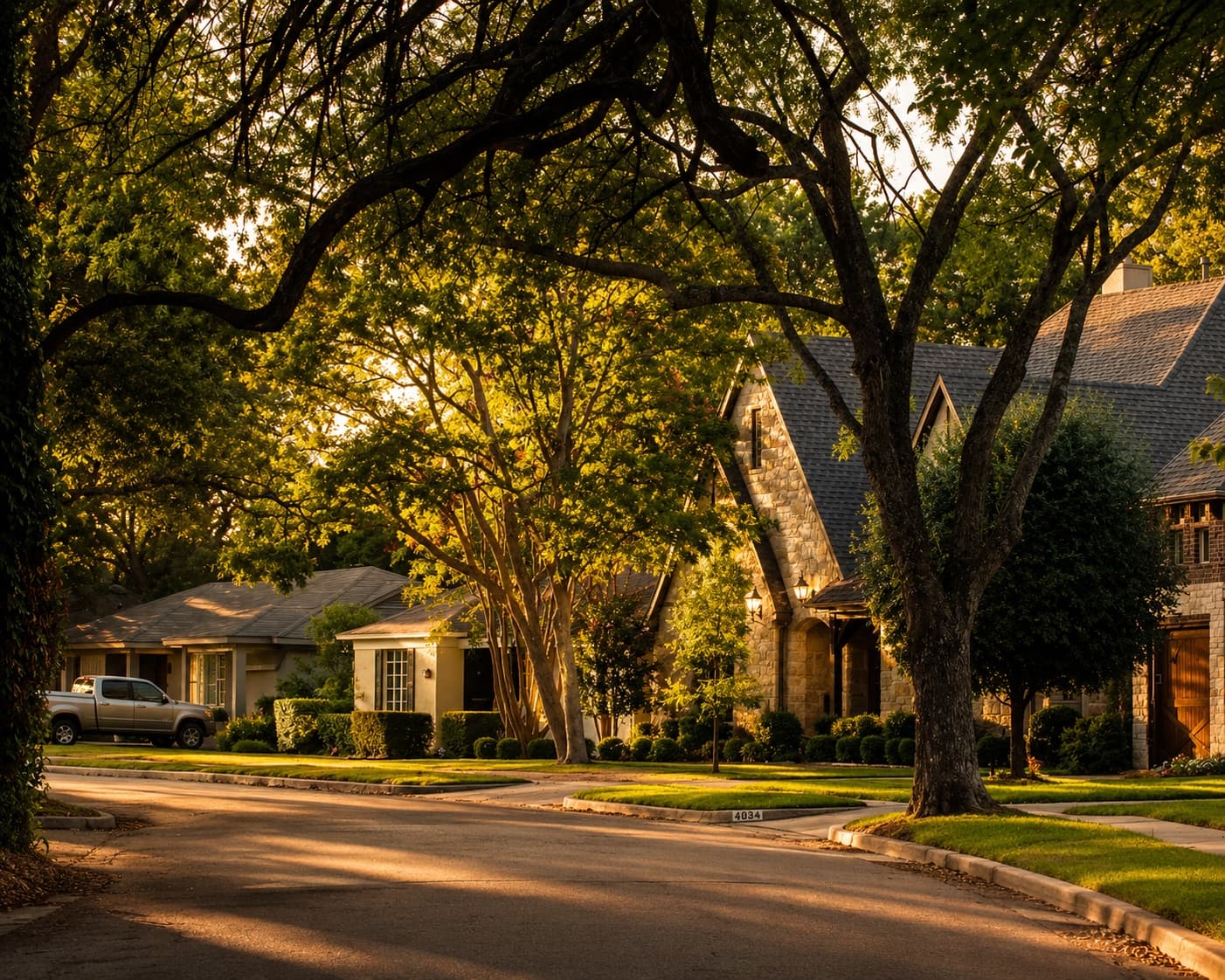 A tree-lined street of new homes under mature oaks at golden hour in the Austin metro