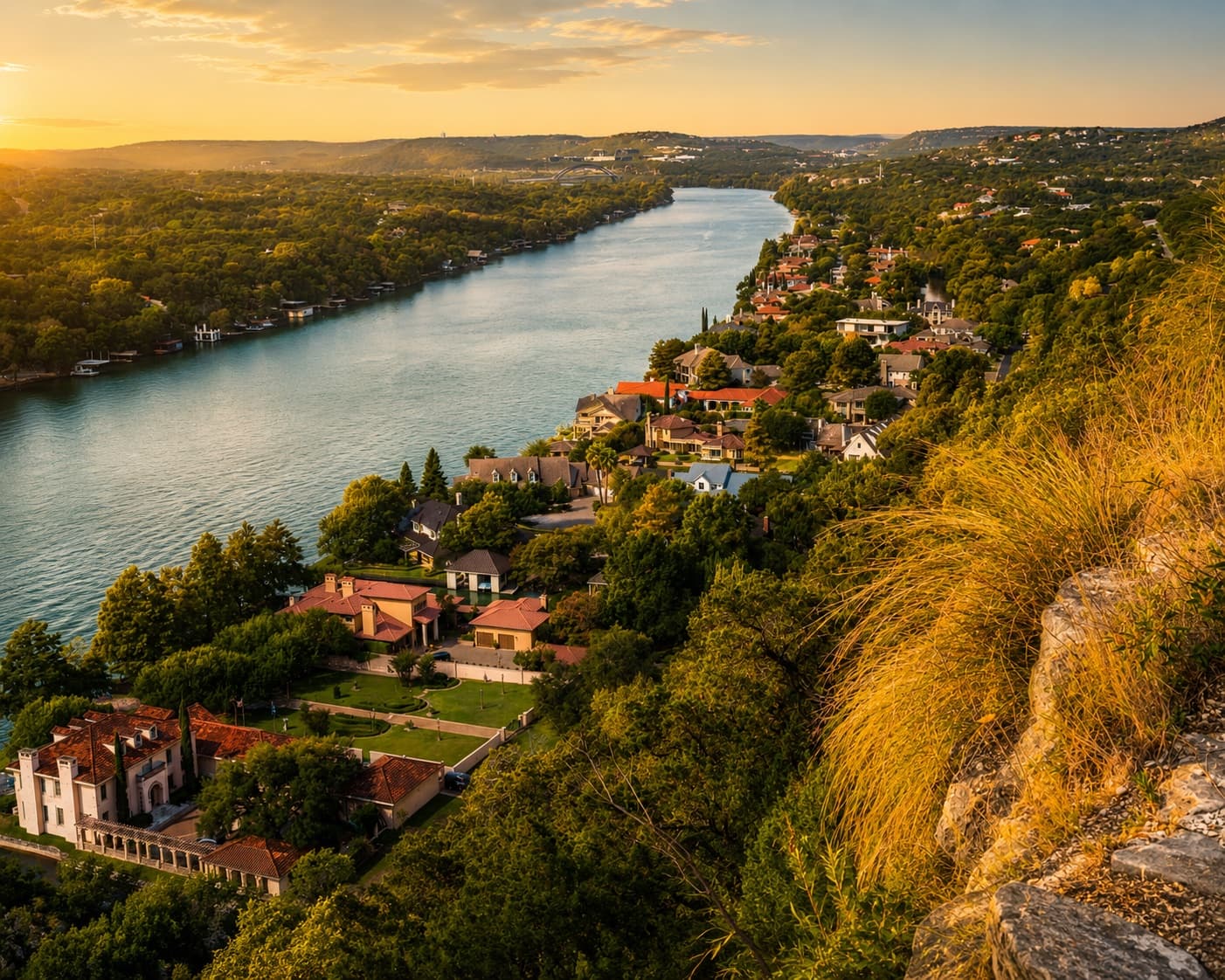 A wooded community amenity setting near water at sunset in the Austin area